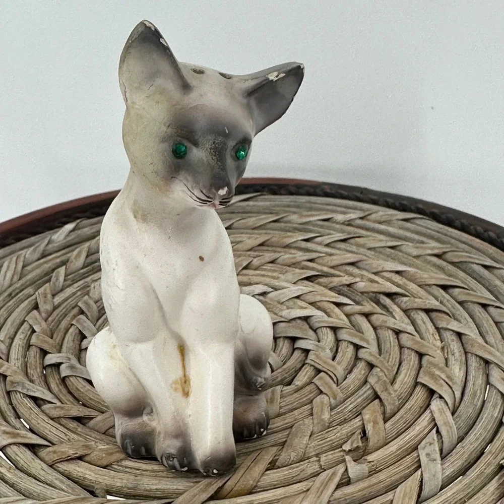 Vintage Siamese‎ Cat Figurines Emerald Eyes Sitting Pair Ceramic Decor 4 in FAIR